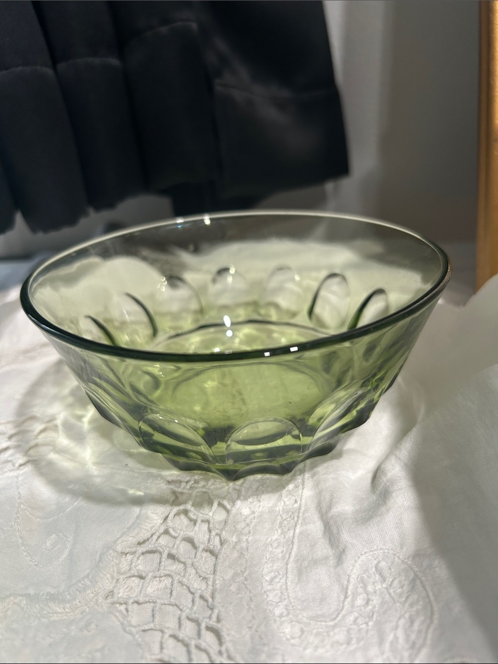 Vintage Green Bubble-Textured Glass Serving Bowl